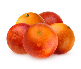 five bloody red oranges isolated on white background