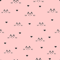 Repeated sketches of a cat's face and silhouettes of hearts. Cute seamless pattern.