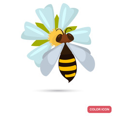 Bee pollinates the flower color flat icon