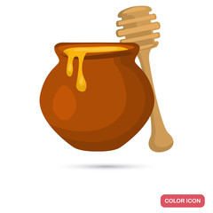Clay pot with honey and wooden spoon color flat icon