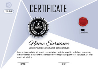 Official grey certificate. Cool colors. Black emblem and triangle design elements on white background. Business template 