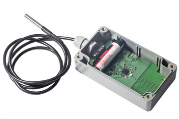 Truck telemetry with tracker isolated on white. Electronics in junction box with sersors. Wireless integrated