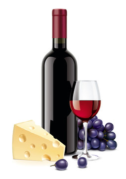 Wine bottle, Cheese, Grapes and Wineglass