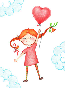 hand drawn picture of kid flying with red balloon by the color pencils. illustration of sentimental happy girl