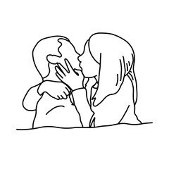 lovers kiss together vector illustration sketch hand drawn with black lines, isolated on white background