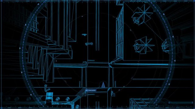 Wireframe City Tracking Target, With Blue Background, Top View from above, Pursuing The Target
