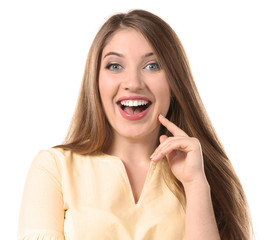 Fototapeta premium Portrait of beautiful happy woman on white background