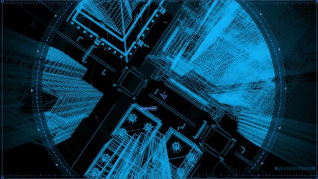 Wireframe City Tracking Target, With Blue Background, Top View from above, Pursuing The Target