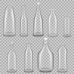 Set realistic template, empty glass transparent bottles for juice, milk