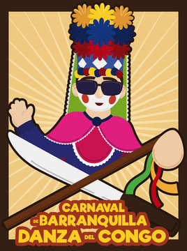 Congo's Dancer with Machete and Stick Ready for Barranquilla's Carnival, Vector Illustration