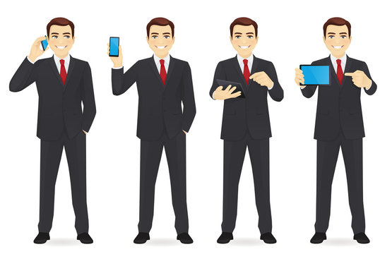 Businessman with gadgets in different poses vector collection illustration