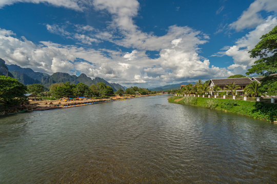 Landscape and nam song river in Vang vieng, Laos.