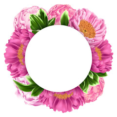 Illustration with Pink Peonies, Green Leaves and Round Place for Text