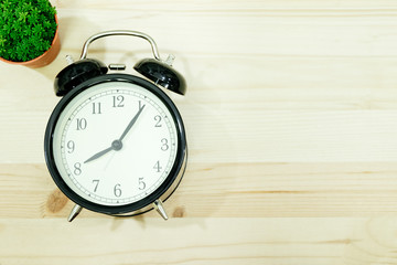 top view. clock and plant placed on wooden background with copy space. image for business, time, object, isolated, decoration, plant, nature, garden concept