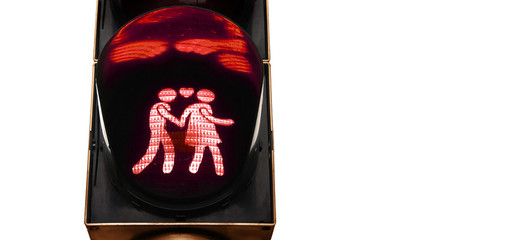 Lovely pedestrian traffic lights. Couple holding hands, traditional values. red light for traditional family.
