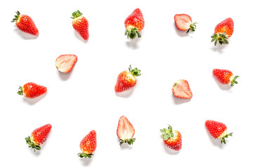 Strawberry with leaves close-up macro isolated on white background