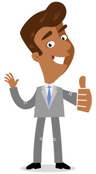 Vector illustration of a smiling asian cartoon business man in three-quarter profile giving the thumbs up isolated on white background