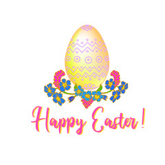 Happy Easter Vector Calligraphy with Decorative Traditional Egg and Forget-me-not Flowers Isolated on White Background for Easter Holiday Invitation, Greeting Card, Web and Poster