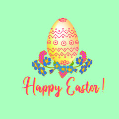 Happy Easter Vector Calligraphy with Decorative Traditional Egg and Forget-me-not Flowers Isolated on Green Background for Easter Holiday Invitation, Greeting Card, Web and Poster