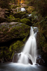 Fototapeta na wymiar Beautiful fairy mountain waterfall in a fairy forest among rocks at sunset