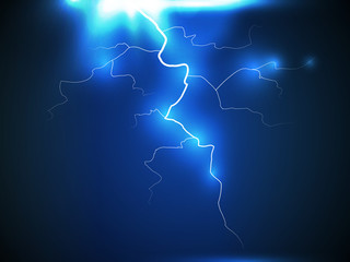 Lightning flash bolt or thunderbolt on dark blue night background. Vector eps 10. Electric light thunder spark