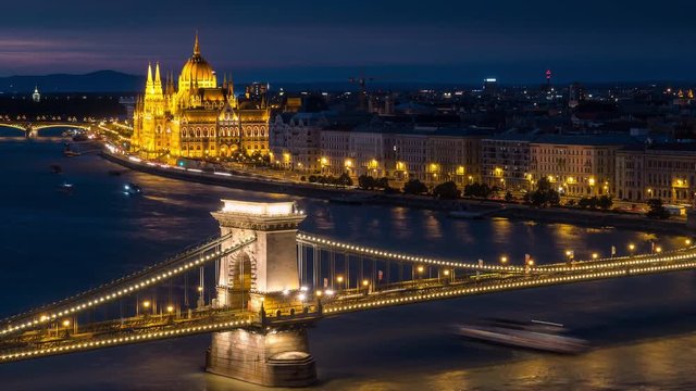 budapest seen from above at night timelapse traffic on danube river