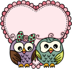 Owl couple in love with big heart
