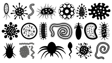 Microbe, parasite, bacterium, worm, virus, sperm, vector silhouette set. Microorganisms under the microscope.