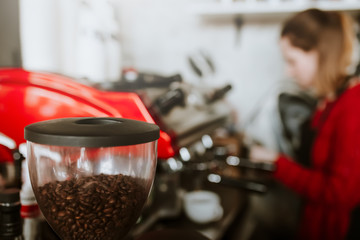 Prepare making hot coffee espresso in coffee machine. Barista workplace background