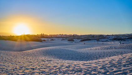 Sunset over sand dunes on Canary islands / Maspalomas - Spain 