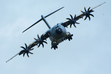 large RAF Airbus A400 M Atlas transport plane flying head on to camera