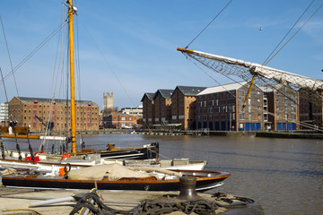 Spring sunshine on the industrial heritage travel destination of Gloucester Docks, Gloucester, UK