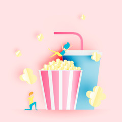 Popcorn and soft drink in paper art style