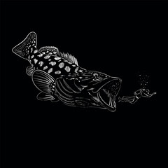 The Vector logo fish or T-shirt design or outwear.  Hunting tattoo fish  style background.