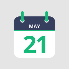Flat icon calendar 21st of May isolated on gray background. Vector illustration.