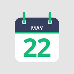Flat icon calendar 22nd of May isolated on gray background. Vector illustration.