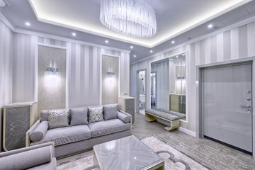Modern design interior of living room in a luxury apartment in gray and white tones.