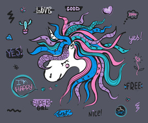 Vector unicorn, phrase collection. For print, baby clothes, t shirt. Creative girlish original design. Typography slogan, Super girl, good, yes, I'm happy, best, nice, cool. Set doodles, cartoon.
