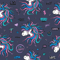 Seamless pattern with unicorns. Vector background with stickers, pins, patches. Kids illustration for design prints, cards and birthday invitations.