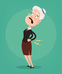 Old woman character have spine pain and problem. Vector flat cartoon illustration