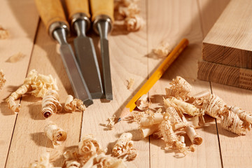 .DIY concept. Woodworking and crafts tools. Carpentry hand tools on a workbench. Planers, chisels,...