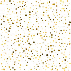 Abstract pattern of random falling gold stars on white background. Glitter template for banner, greeting card, Christmas and New Year card, invitation, postcard, paper packaging. Vector illustration.