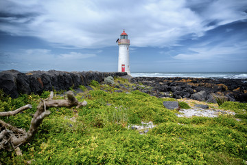 Fototapeta na wymiar Griffiths Island Lighthouse, Port Fairy, Australia with rocks and grass