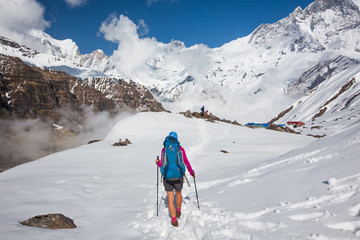 Trekker on the way to Annapurna base camp, Nepal