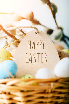 Happy Easter. Congratulatory easter background. Easter eggs and flowers.