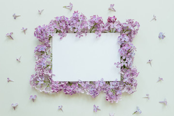 Flower background with paper sheet. Beautiful fresh flowers and leaves on gray background, with copy space