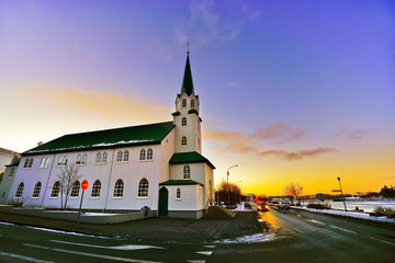 View of the a church in Reykjavik at dawn in winter