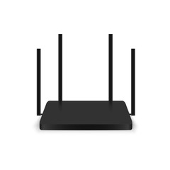 Realistic black wireless router with antenna. Vector