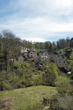 Picturesque hillside cottages in one of Nailsworth's valleys, Cotswolds, Gloucestershire, UK