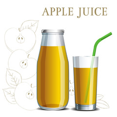 Realistic apple juice in a jar and a glass with a straw on the background of a sketch of fruit for design menu